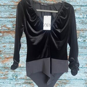 Zara Black Velvet Long Sleeve Bodysuit